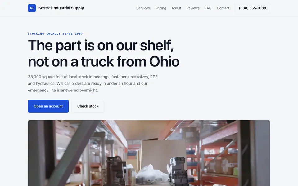 Example website for suppliers built with We.Inc: the Kestrel Industrial Supply home page