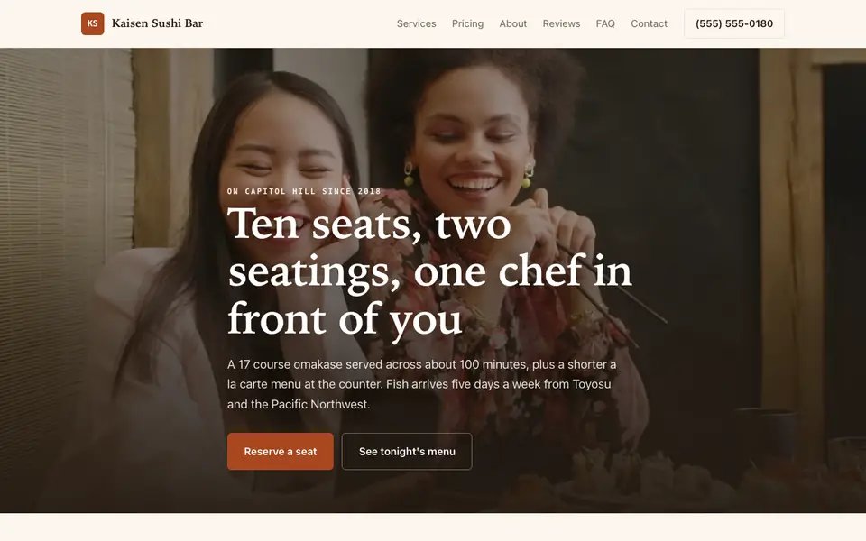 Example website for sushi restaurants built with We.Inc: the Kaisen Sushi Bar home page