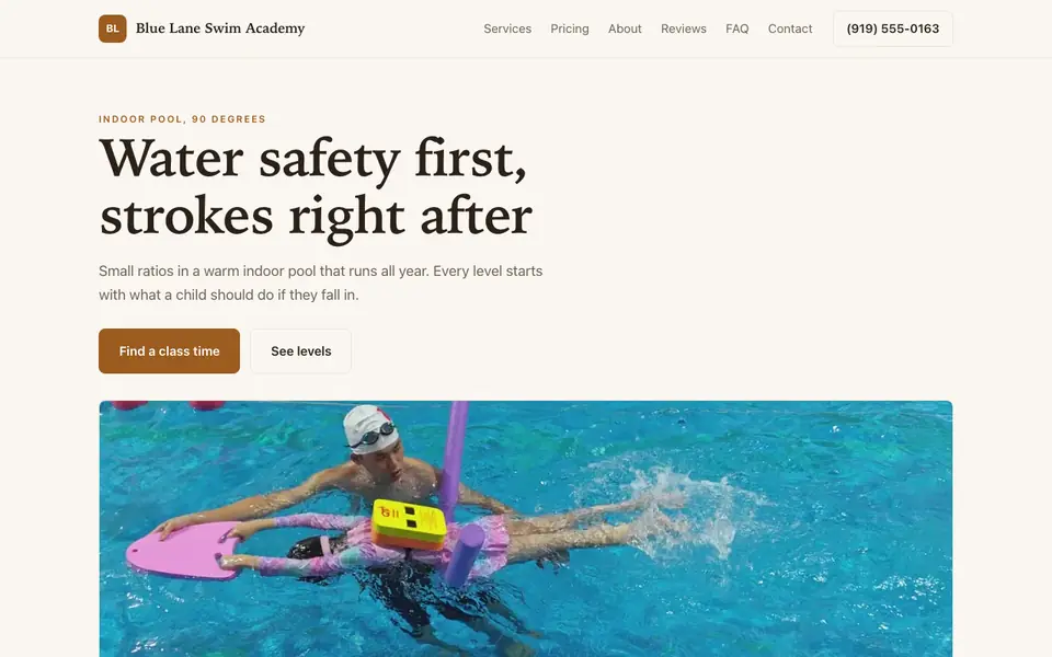 Example website for swim schools built with We.Inc: the Blue Lane Swim Academy home page