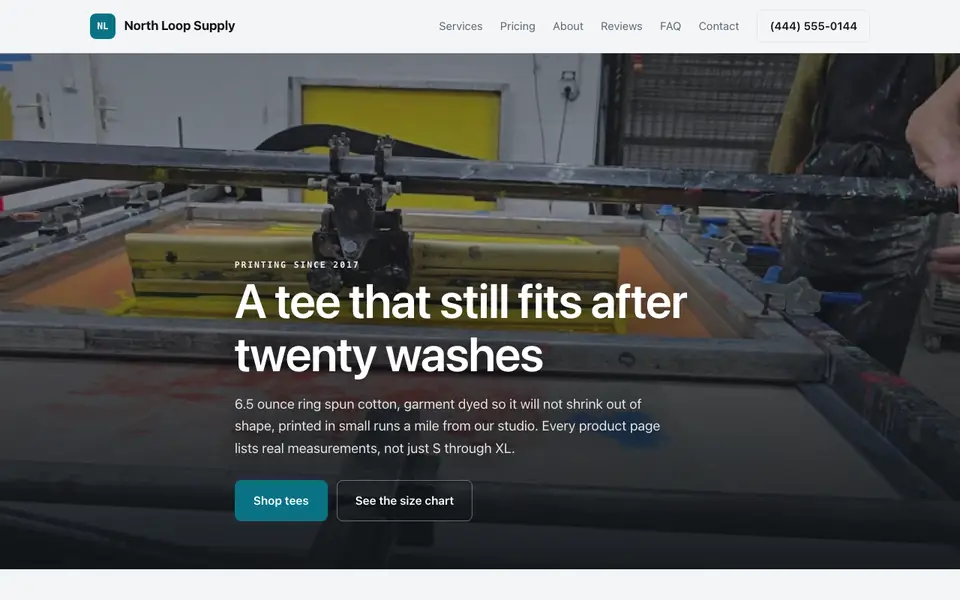 Example website for t-shirt brands built with We.Inc: the North Loop Supply home page