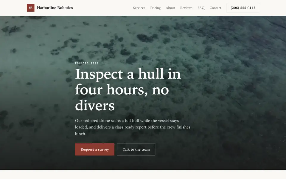 Example website for tech startups built with We.Inc: the Harborline Robotics home page
