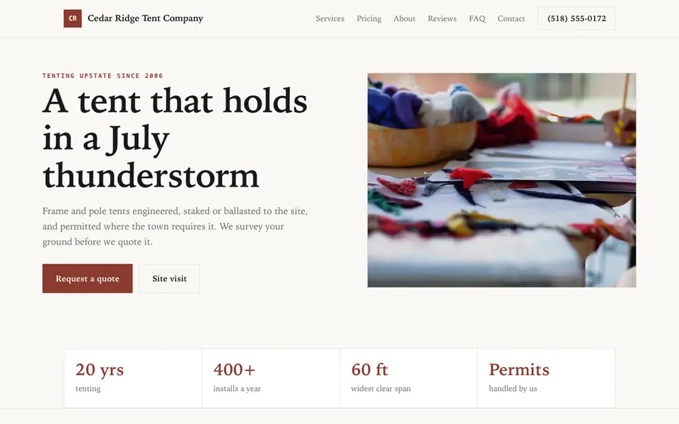 Example website for tent rental companies built with We.Inc: the Cedar Ridge Tent Company home page