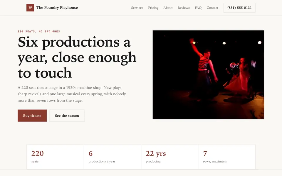 Example website for theatres & performance venues built with We.Inc: the The Foundry Playhouse home page