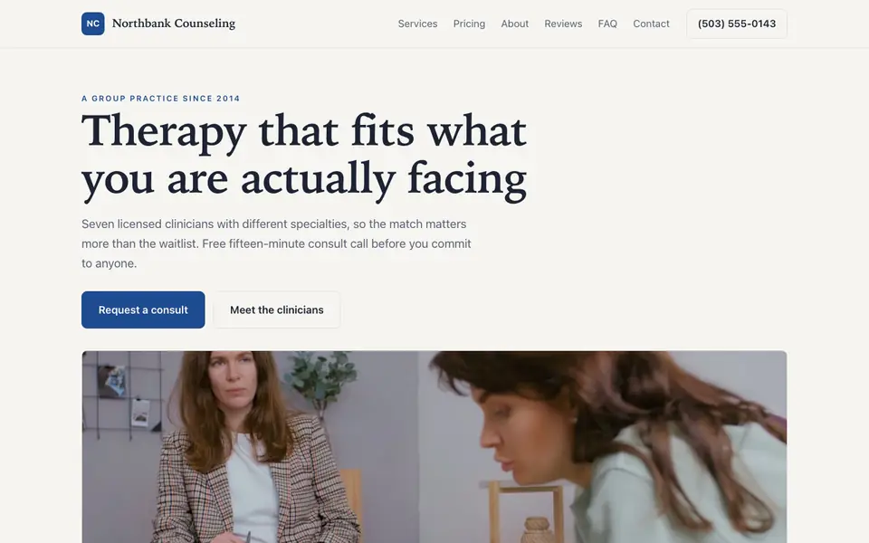 Example website for therapists built with We.Inc: the Northbank Counseling home page