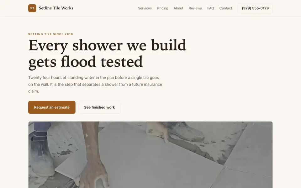 Example website for tile installation companies built with We.Inc: the Setline Tile Works home page