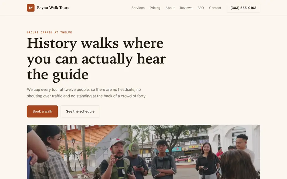Example website for tour guides built with We.Inc: the Bayou Walk Tours home page