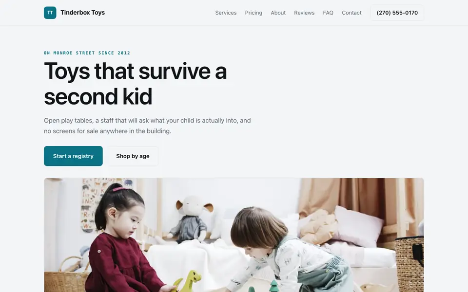 Example website for toy stores built with We.Inc: the Tinderbox Toys home page
