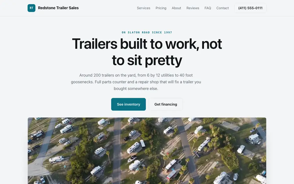 Example website for trailer dealers built with We.Inc: the Redstone Trailer Sales home page