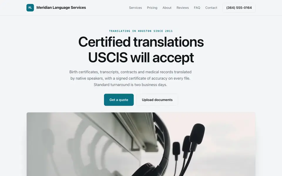 Example website for translation services built with We.Inc: the Meridian Language Services home page