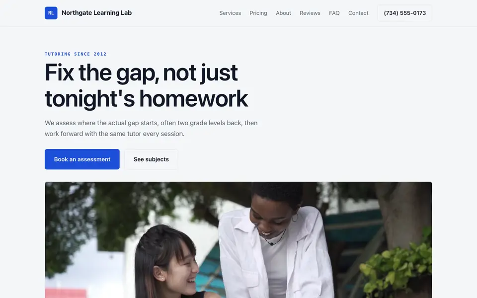 Example website for tutoring services built with We.Inc: the Northgate Learning Lab home page