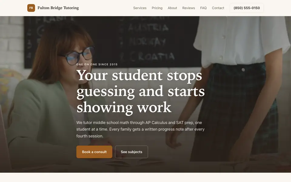 Example website for tutors built with We.Inc: the Fulton Bridge Tutoring home page