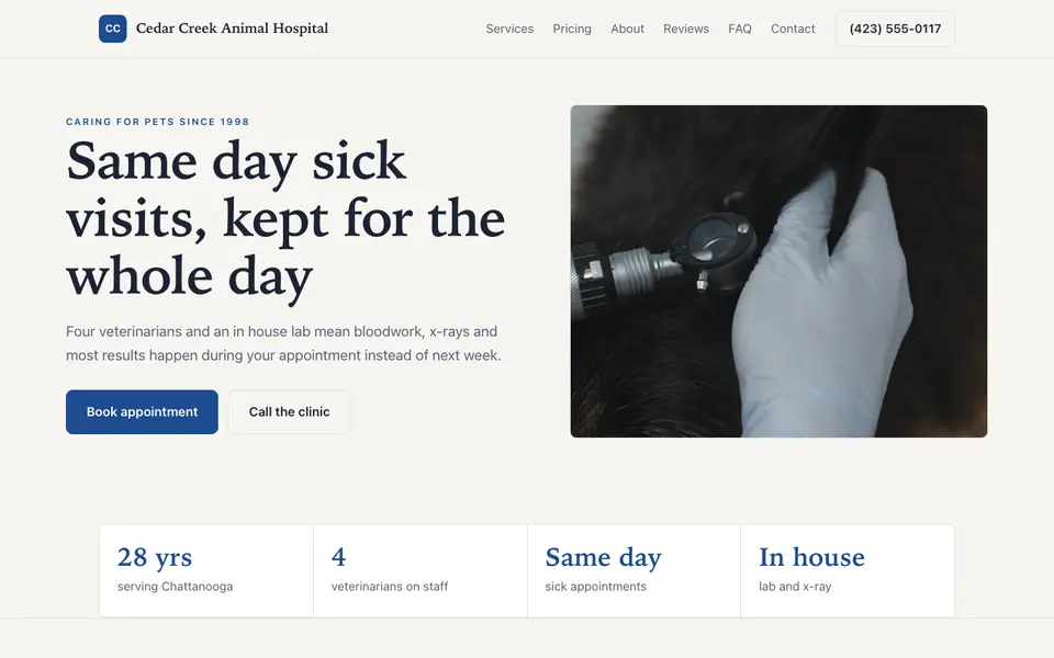 Example website for veterinarians built with We.Inc: the Cedar Creek Animal Hospital home page