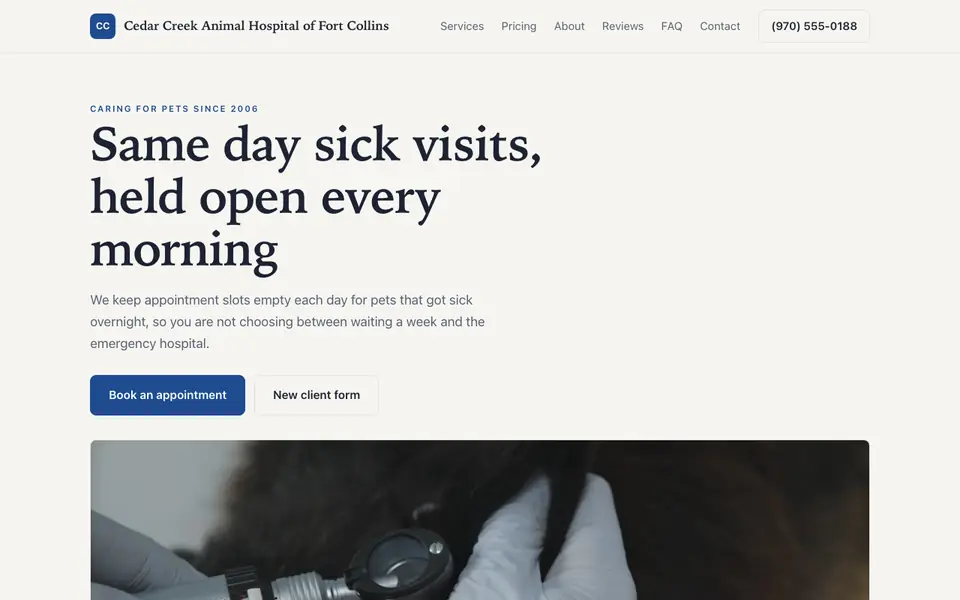 Example website for veterinary clinics built with We.Inc: the Cedar Creek Animal Hospital of Fort Collins home page