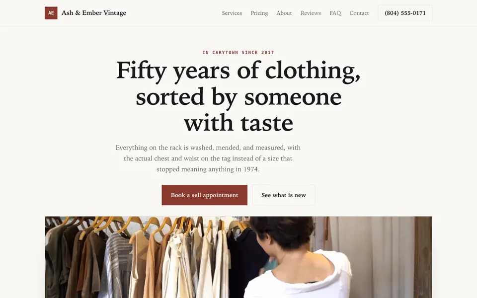 Example website for vintage & thrift shops built with We.Inc: the Ash & Ember Vintage home page