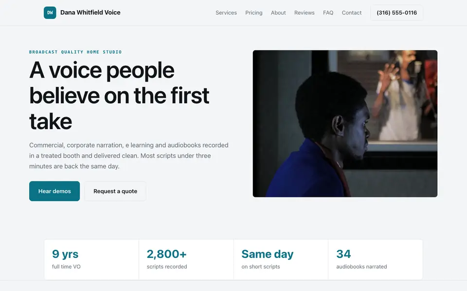 Example website for voice actors built with We.Inc: the Dana Whitfield Voice home page