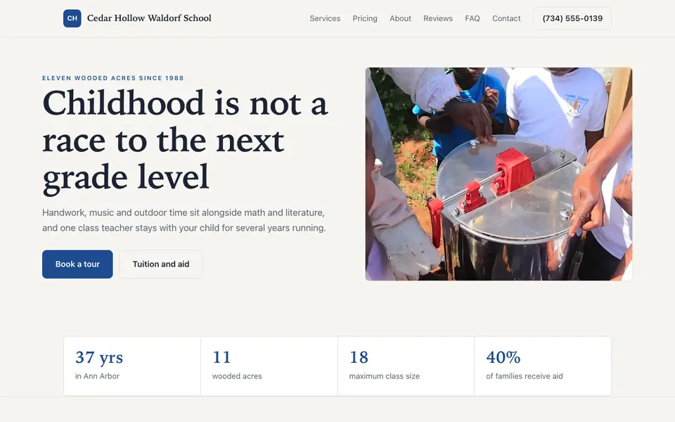 Example website for waldorf schools built with We.Inc: the Cedar Hollow Waldorf School home page