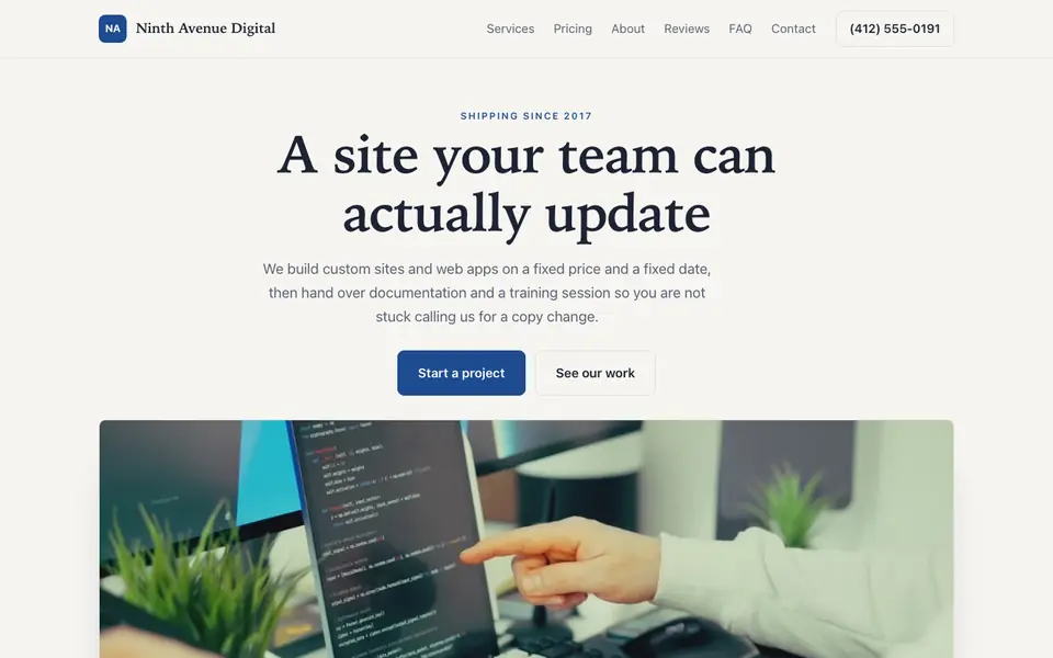 Example website for web developers built with We.Inc: the Ninth Avenue Digital home page