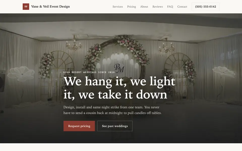 Example website for wedding decorators built with We.Inc: the Vane & Veil Event Design home page