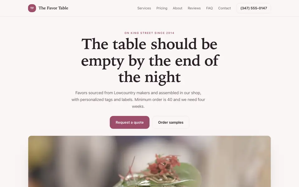 Example website for wedding favor shops built with We.Inc: the The Favor Table home page