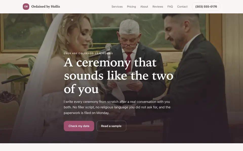 Example website for wedding officiants built with We.Inc: the Ordained by Hollis home page