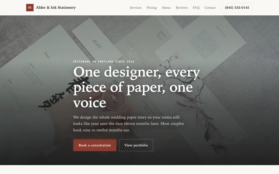 Example website for wedding stationery designers built with We.Inc: the Alder & Ink Stationery home page