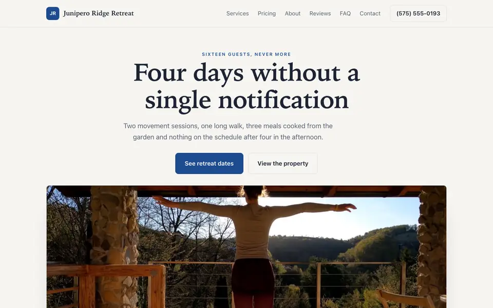 Example website for wellness retreats built with We.Inc: the Junipero Ridge Retreat home page