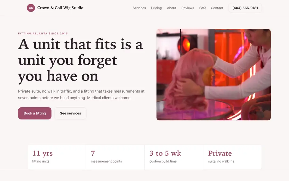 Example website for wig shops built with We.Inc: the Crown & Coil Wig Studio home page