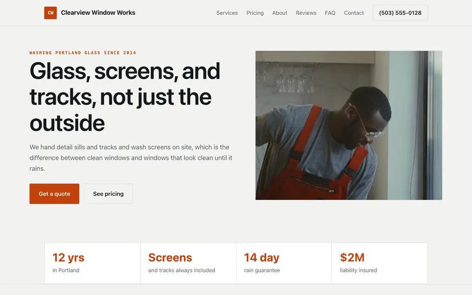 Example website for window cleaning services built with We.Inc: the Clearview Window Works home page