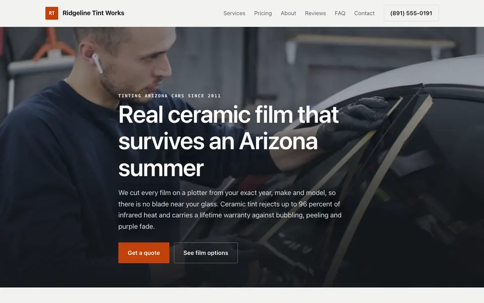 Example website for window tinting shops built with We.Inc: the Ridgeline Tint Works home page