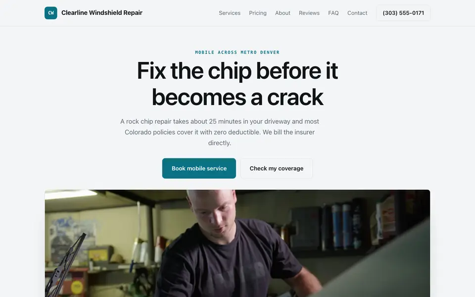 Example website for windshield repair services built with We.Inc: the Clearline Windshield Repair home page