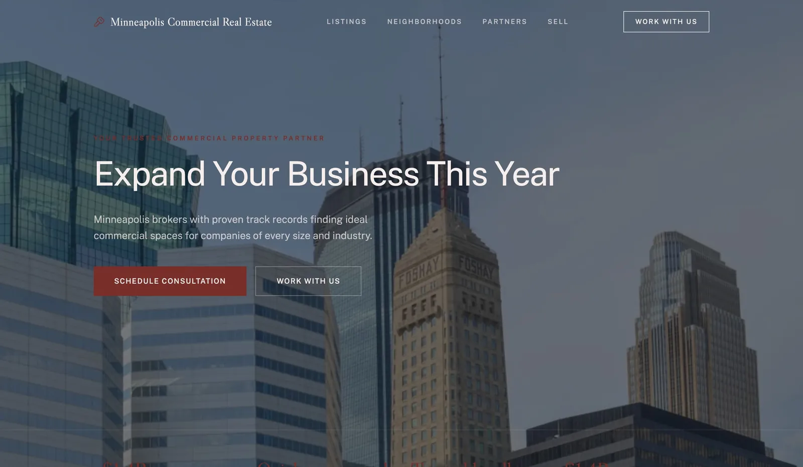 Example commercial real estate broker website design made with We.Inc, with property type sections