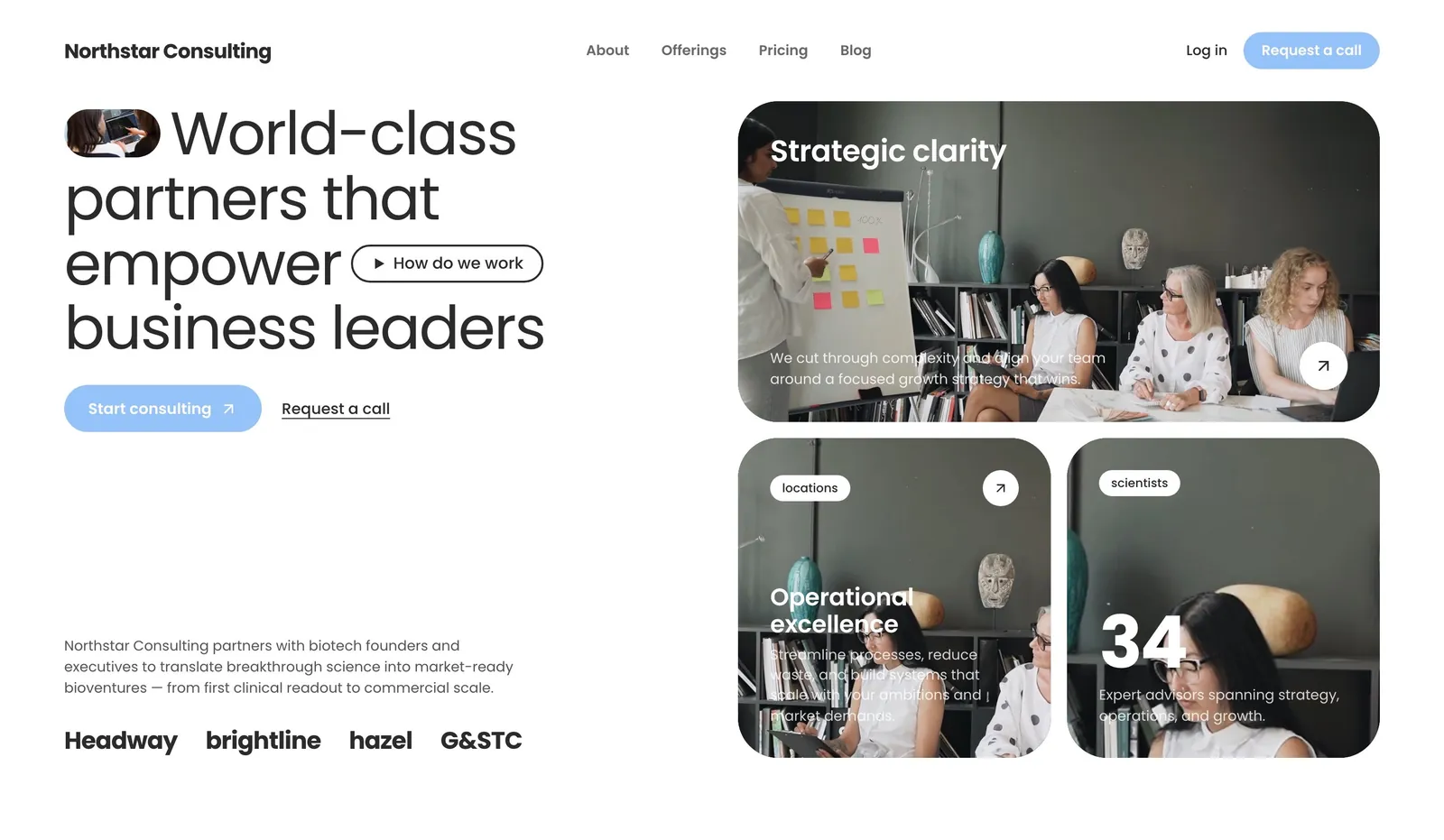 Example management consulting firm website design made with We.Inc, with service lines and team section
