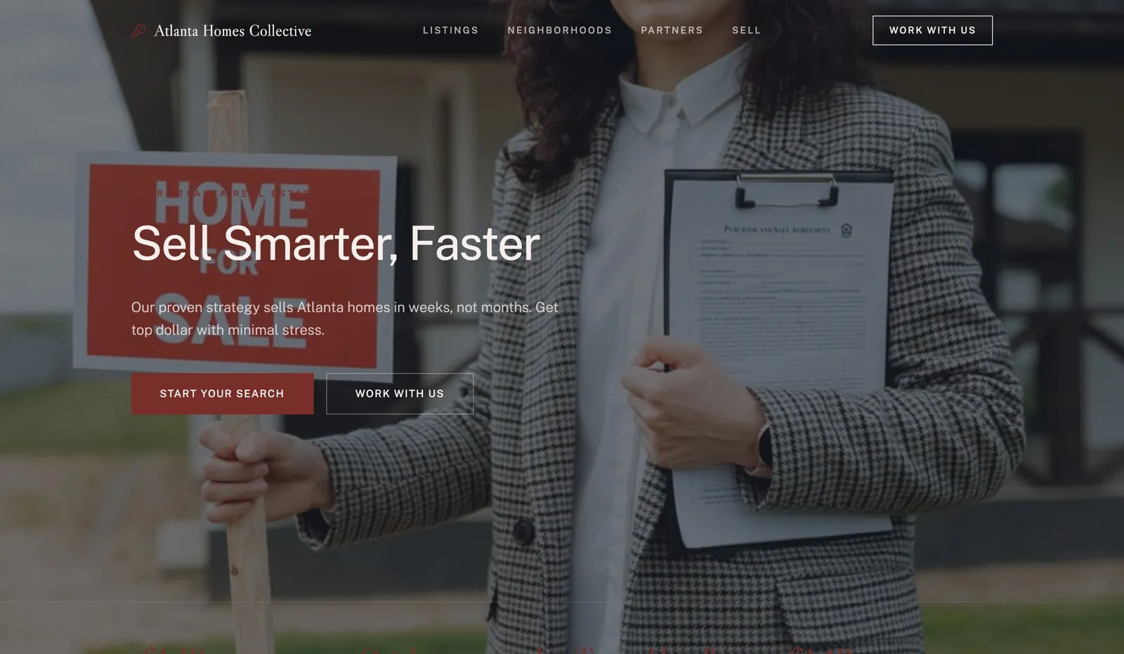Example real estate agent website design made with We.Inc, with an area-focused hero and a book-a-call button