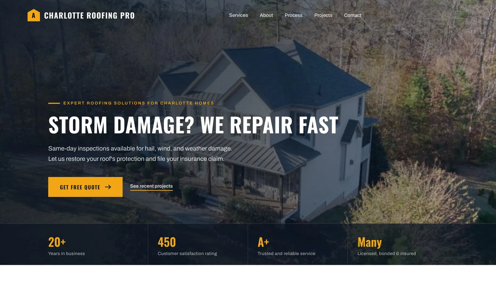 Beispiel-Design einer Dachdecker-Website, erstellt mit We.Inc, mit Anrufbutton und Angebotsformular above the fold