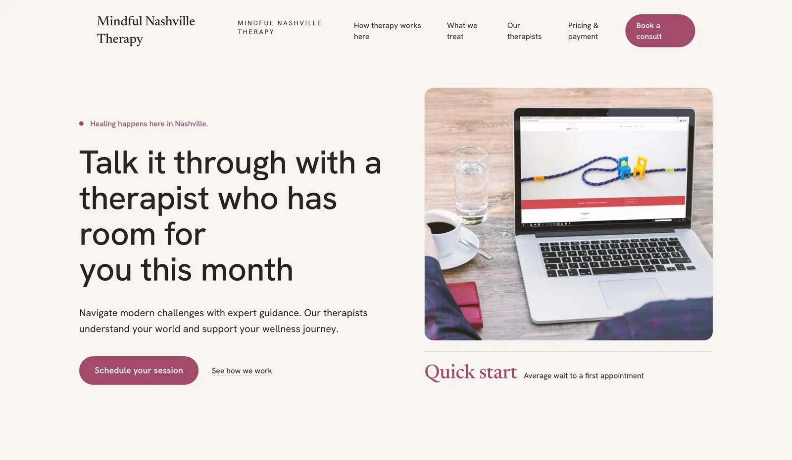 Design illustratif de site de cabinet de thérapie We.Inc, vue bureau.